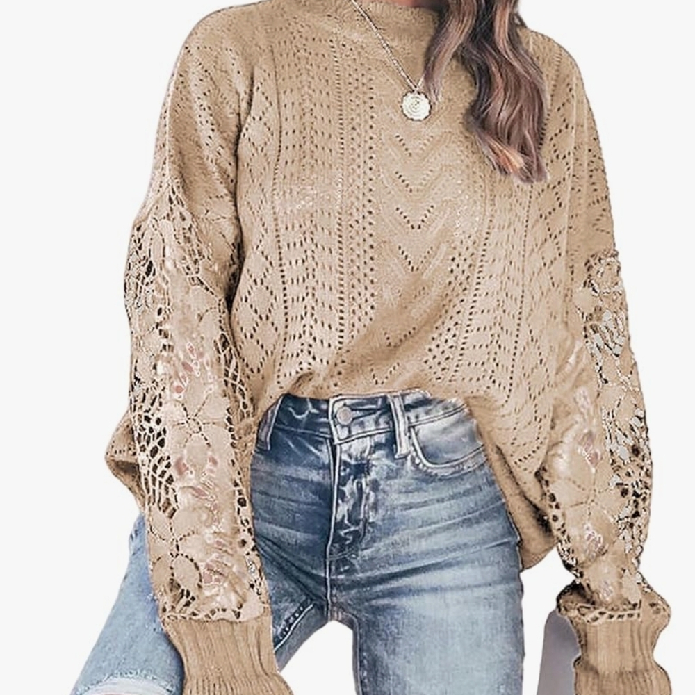 XL🍀Adorable Loose Crewneck Crochet Lace Sleeves Knit Sweater Top